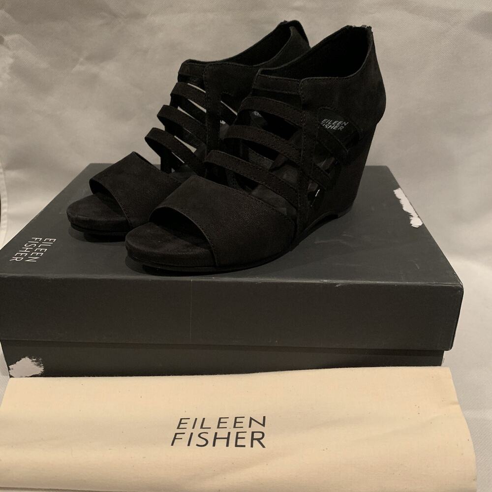 Eileen Fisher Draw Suede Wedge Sandal 7.5 Black SOFT Straps NIB $290